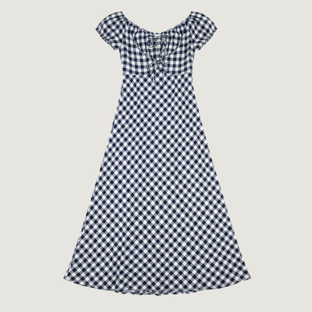 Gap x Doen Bia Maxi Dress Women XXS Navy Gingham 100% Linen Cottagecore